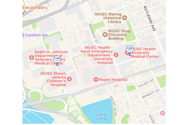 Map showing locations of MUSC Mamavana Lactation pods