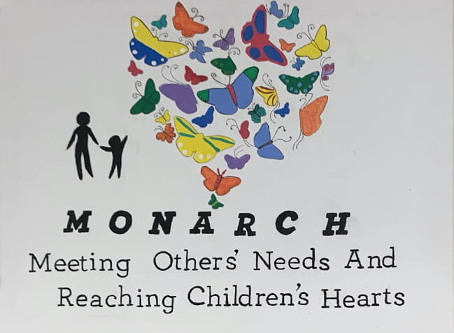 Hand lettered logo for MONARCH program. Adult and child and butterflies in the shape of a heart.