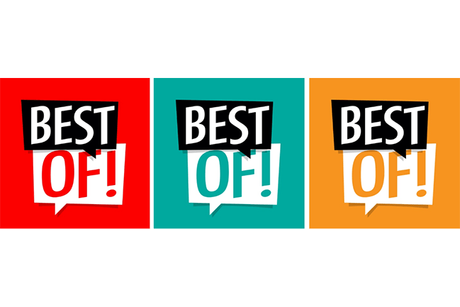 Best OF! in text on three different square backgrounds: red background, teal background and yellow background