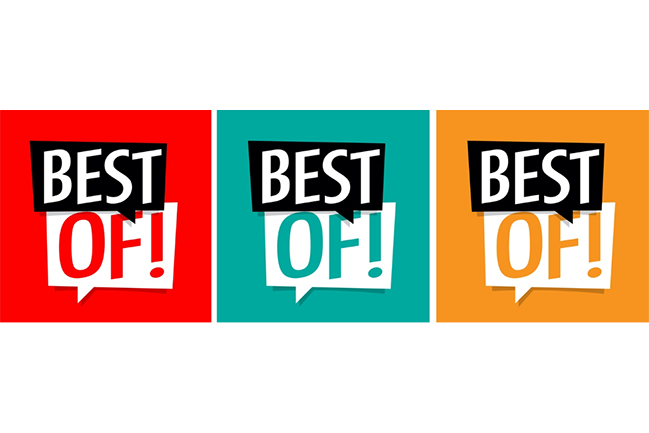 Best OF! in text on three different square backgrounds: red background, teal background and yellow background