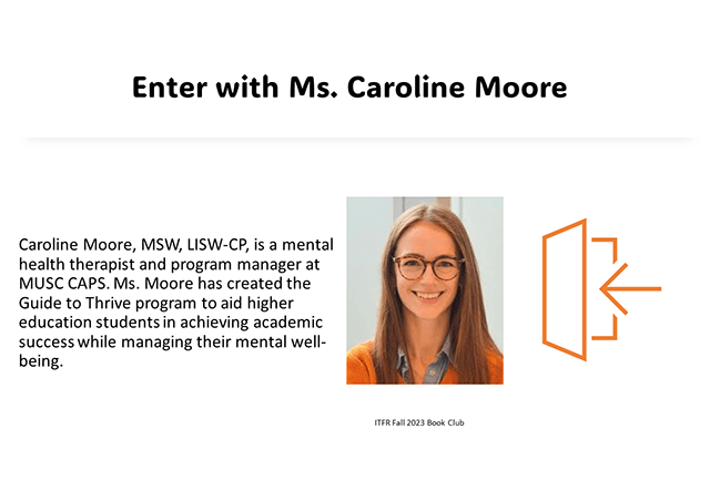 Caroline Moore, Caucasian female mental health therapist at MUSC CAPS