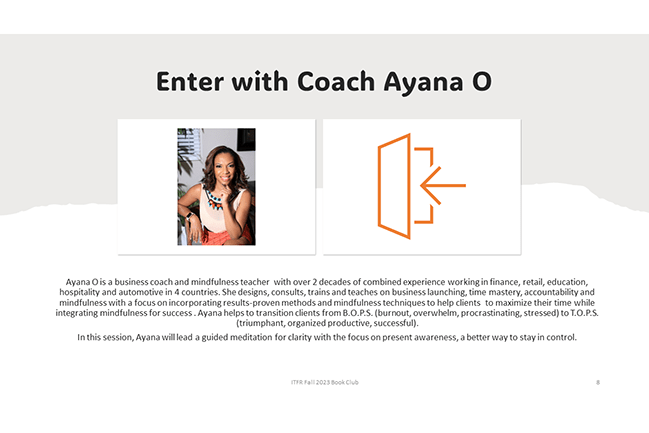 Image of slide used to introduce Coach Ayana O with her bio