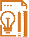 Orange vector illustration of light bulb, pencil, and ruler on top of a paper with top right-hand corner dog-eared