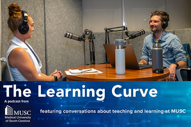 Kasey Larson chatting with Alex Walters in the MUSC CATL podcast studio