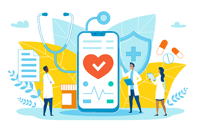 Illustration of three diverse doctors analyzing giant phone displaying health information