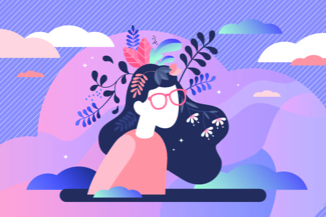 Vector illustration of faceless woman in glasses growing ideas in the form of plants out of her head