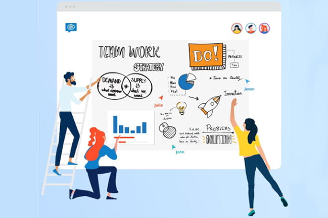 Illustration of people working together on a white board