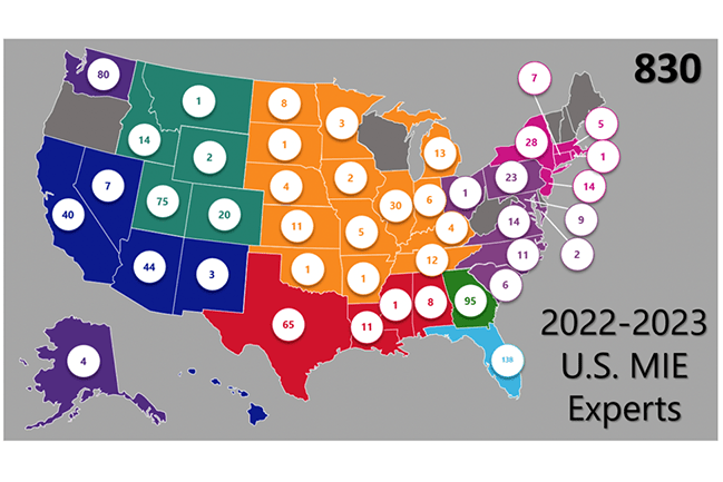 US map showing number of MIE experts 