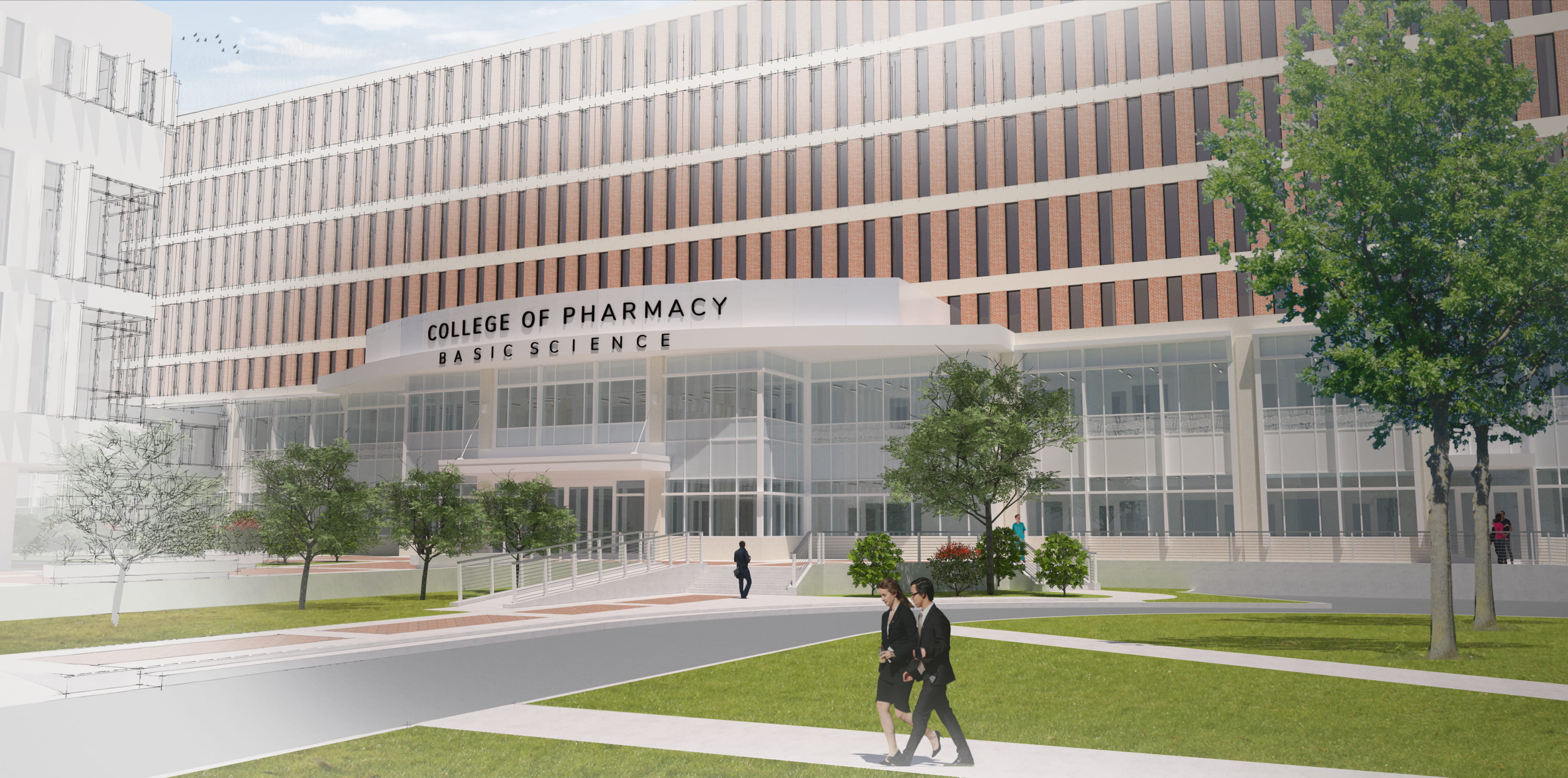 Rendering of the front of the proposed College of Pharmacy building
