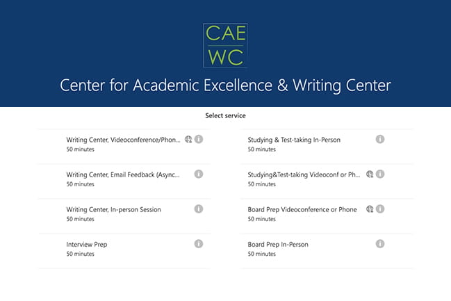 CAE/WC Center for Academic Excellence & Writing Center sample MS Bookings dashboard