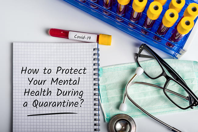 notebook with "How to Protect Your Mental Health During a Quarantine?" with glasses, stethoscope and test tubes
