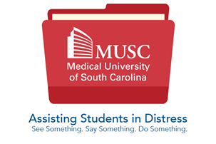Vector of red file folder with MUSC logo in white on front. Assisting Students in Distress See Something. Say Something. Do Something. under folder in blue