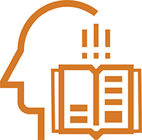 Orange outline of person's head with open book in front and three exclamation points, icon for CATL annual education conference