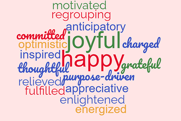 Colorful word cloud over pink background