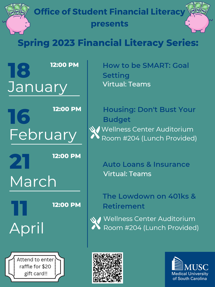 Spring 2023 Money Series: January 18th How to be SMART: Goal Setting, February 16th Housing Don't bust your budget, March 21st Auto Loans and Insurance, April 11th The Lowdown on 401ks and Retirement