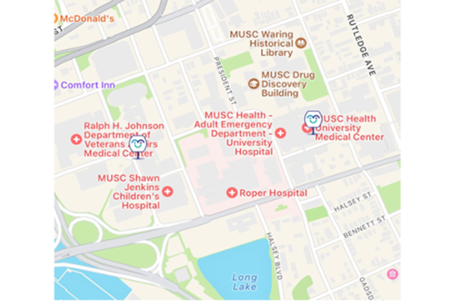 Map showing locations of MUSC Mamavana Lactation pods
