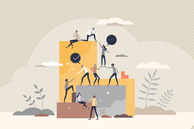 Vector illustration of group of people helping each other climb giant rectangles