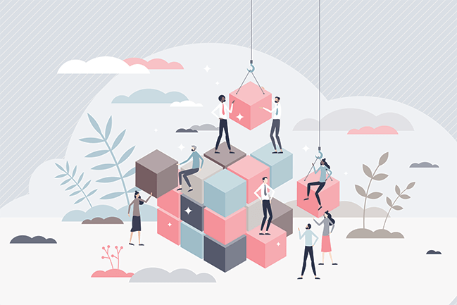 Vector illustration of group of people building giant cube out of giant blocks