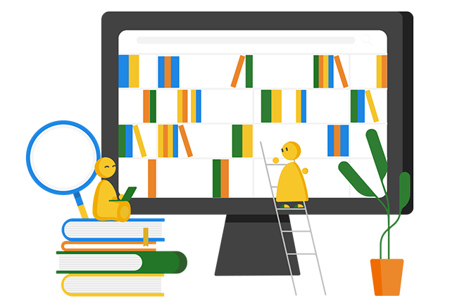 Vector illustration of tiny people in front of computer screen with library 