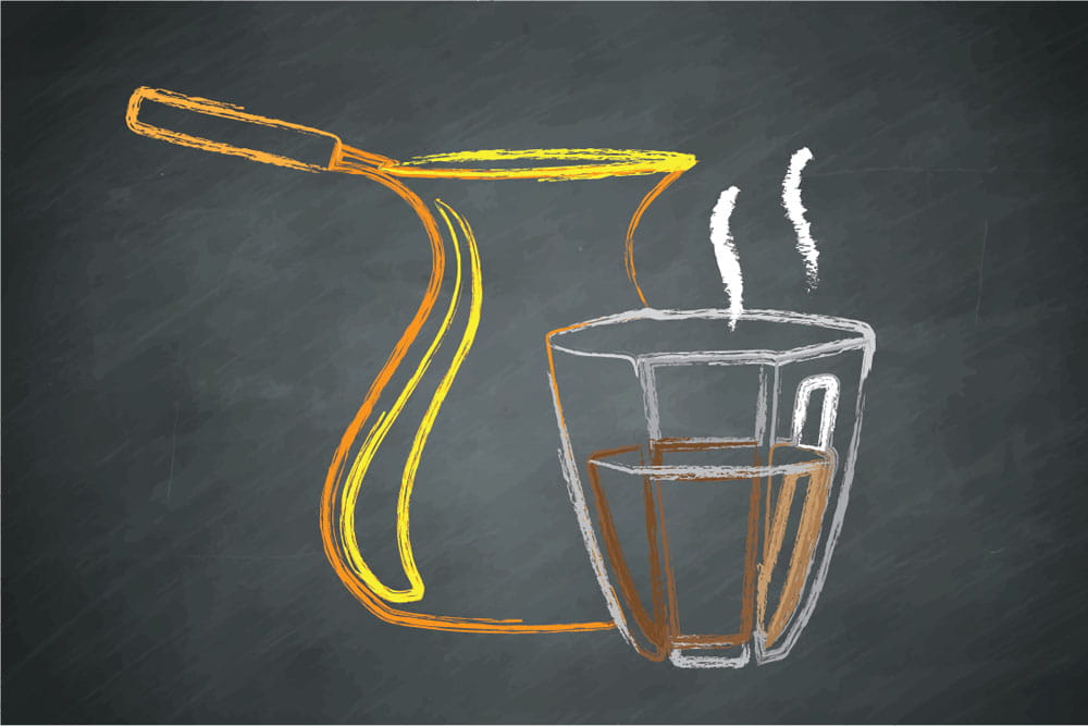 Chalkboard drawing of a steaming coffee and milk dispenser.