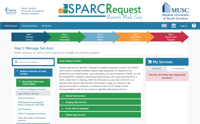 Screenshot of SPARC when Data Delivery Services is selected. Captured on March 14, 2024.
