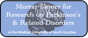 Illustration of a brain on a blue background with the following text superimposed on top: Murray Center for Research on Parkinson's & Related Disorders at the Medical University of South Carolina