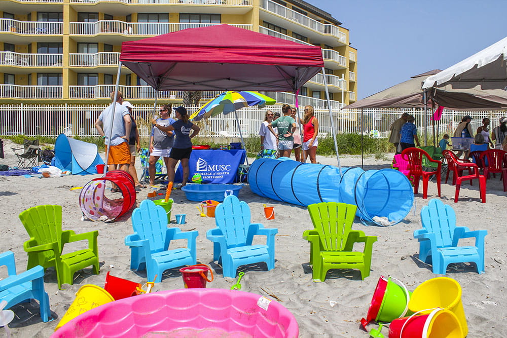A colorful play area gives kids a place to hang out before and after they surf.