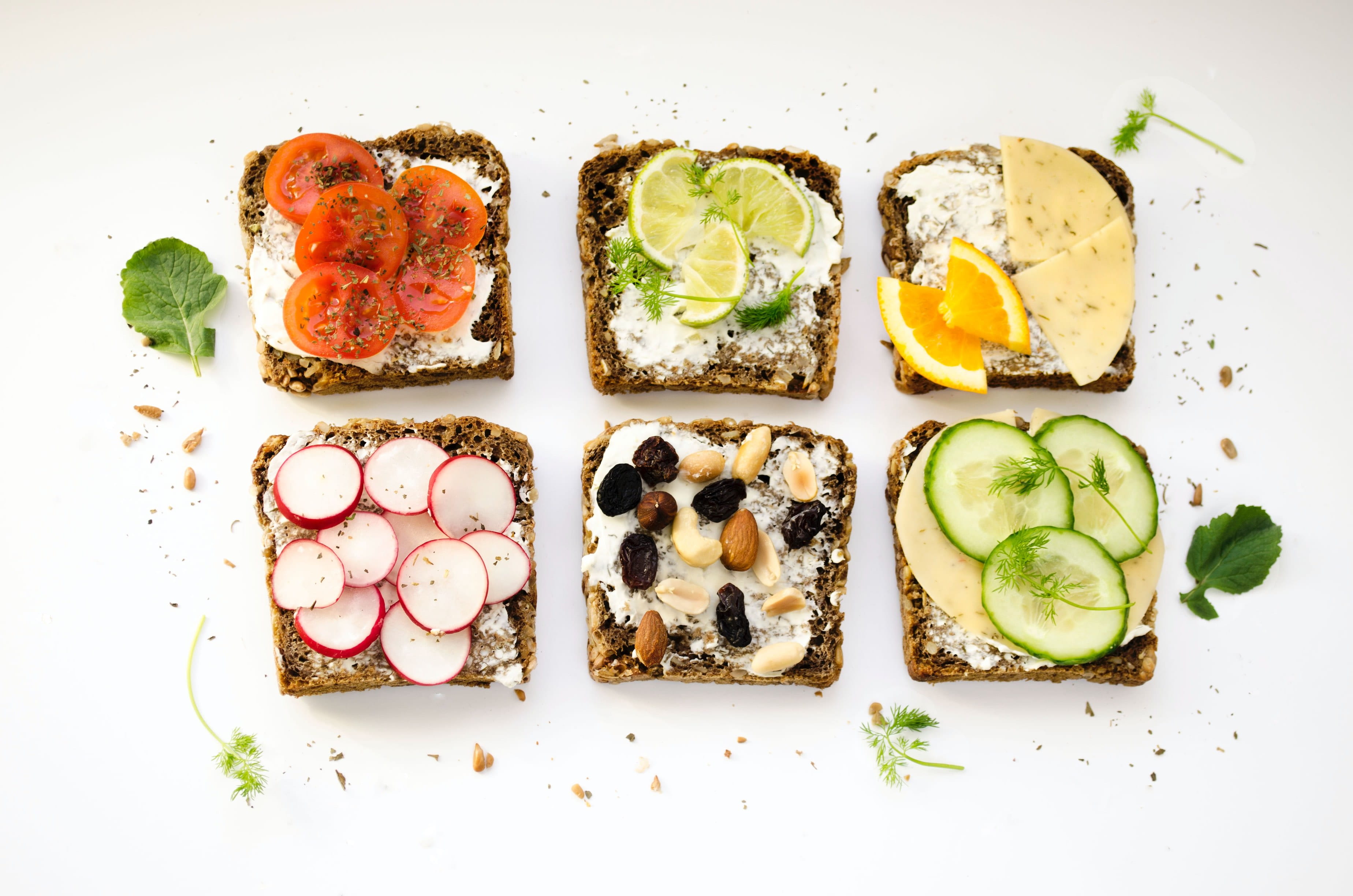 Healthy foods on six different pieces of toast