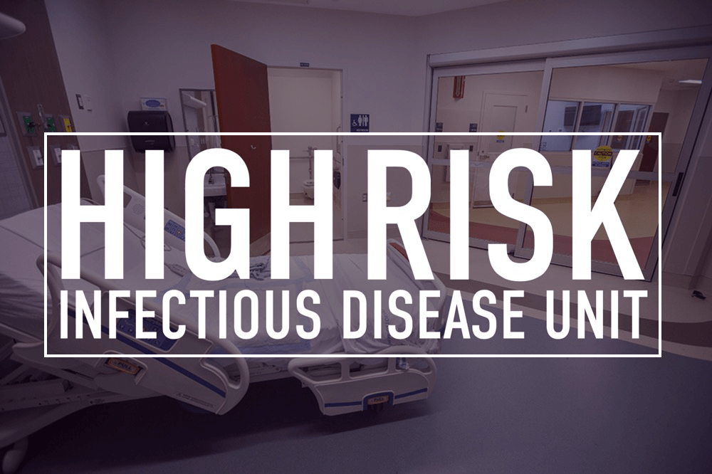 faded image of hospital room with words high risk infectious disease unit overlaid