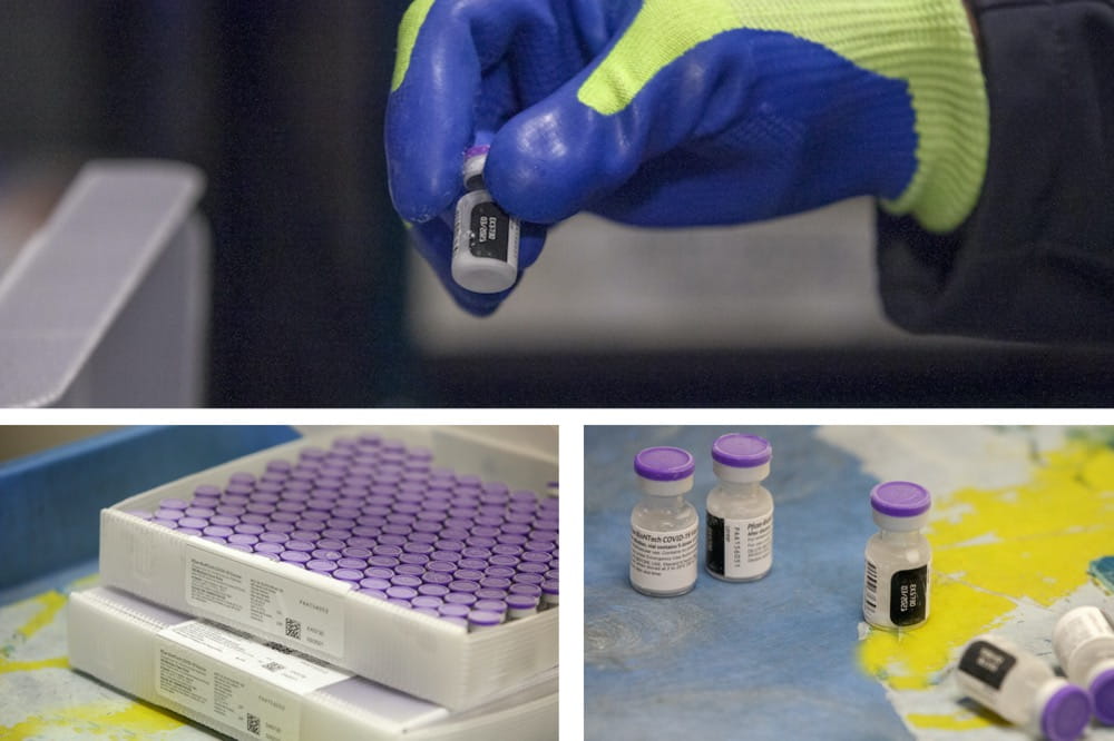Collage of close-up images of the COVID-19 small purple-topped containers of vaccine