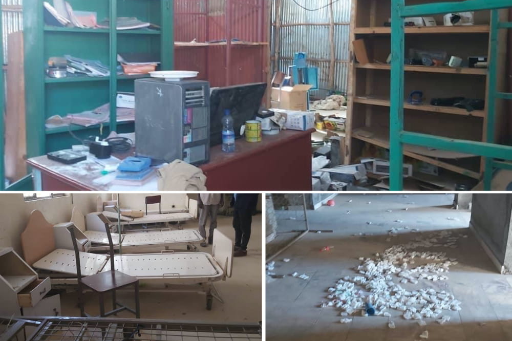 a collage showing devastation of war on hospital