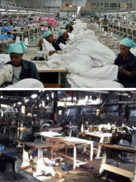 comparison of a textile factory before and after the war. the bombing has left it a shell of its former structure