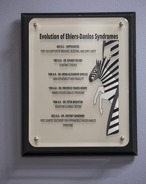 closeup of a plaque detailing history of EDS with picture of Zebra (symbol of rare diseases) breaking out of its stripes