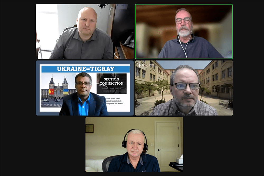 Screenshot of Global Health Week panel on war's impact on health care. Clockwise from top left: Oleg Palygin, Kevin O'Reilly, Samer Jabbour, Mike Sweat and Mulugeta Gebregziabher.