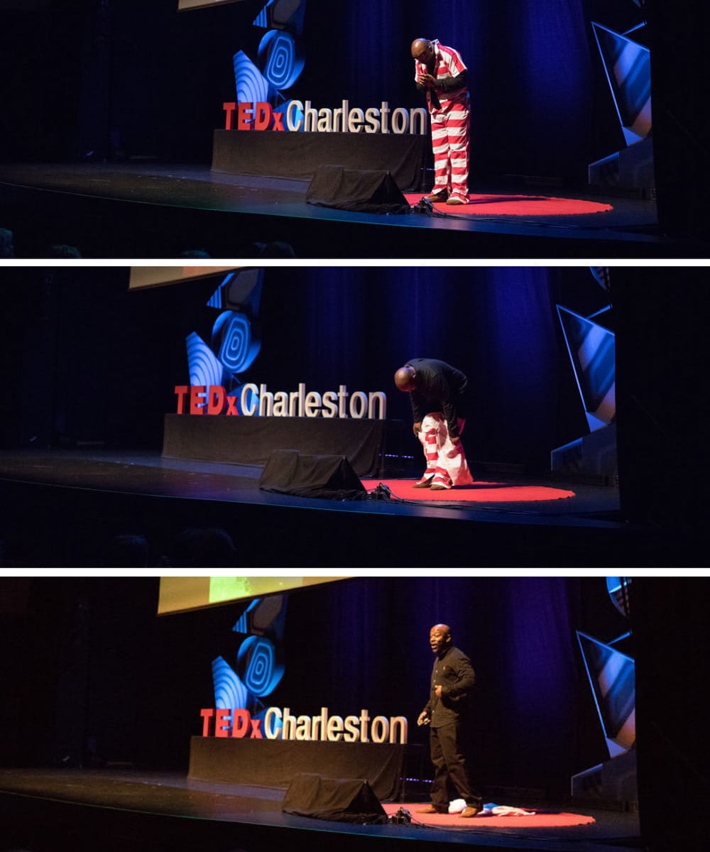 A series of three photos showing Smalls stepping out of his striped jumpsuit during his TEDx presentation.