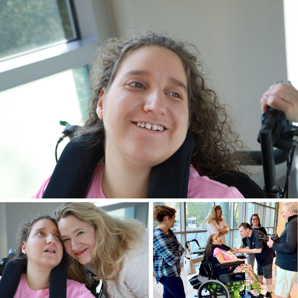 Series of three photos, one close up of young woman's face, one close up of same young woman and her mother and one of same woman in her wheelchair surrounded by several other people
