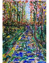 A colorful painting of a path through the woods in an abstract style