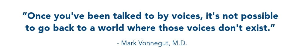 Pull quote from Vonnegut that reads, "Once you've been talked to by voices, it's not possible to go back to a world where those voices don't exist."